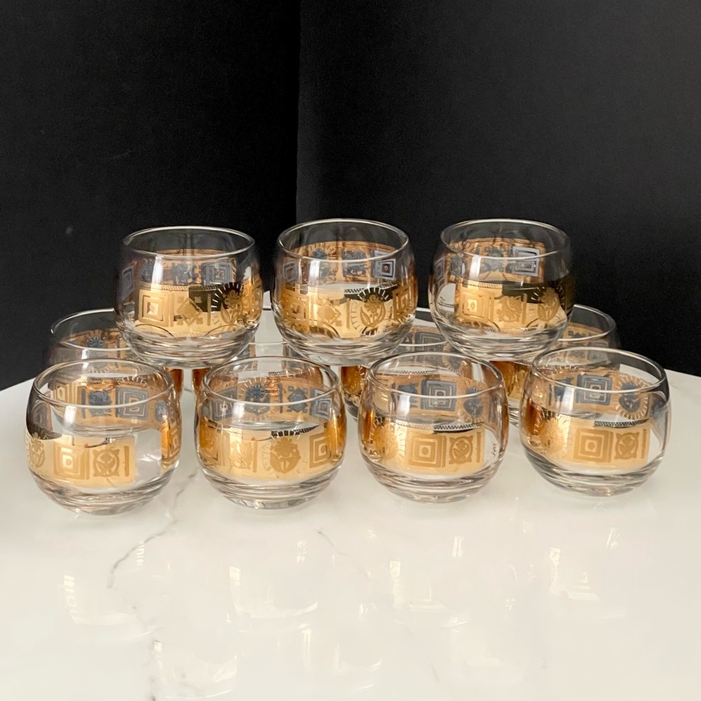 SET of 11 Gold & Blue Roly Poly Low Ball Glasses by Culver